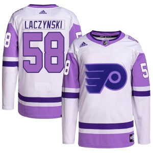 Men's Philadelphia Flyers Tanner Laczynski Adidas Authentic Hockey Fights Cancer Primegreen Jersey - White/Purple