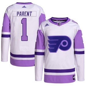 Youth Philadelphia Flyers Bernie Parent Adidas Authentic Hockey Fights Cancer Primegreen Jersey - White/Purple
